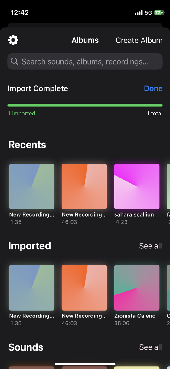 Sound Library import complete screen showing imported recordings