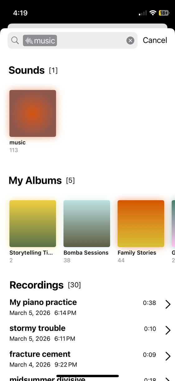 Searching for music — showing sounds, albums, and recordings