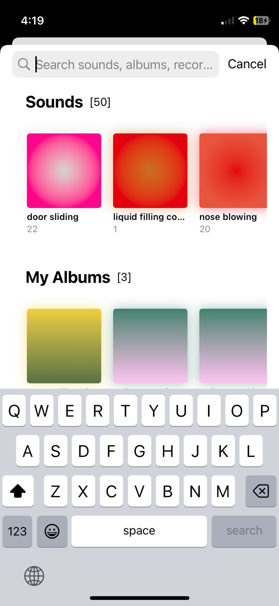 Browsing all sound categories — door sliding, liquid filling, nose blowing