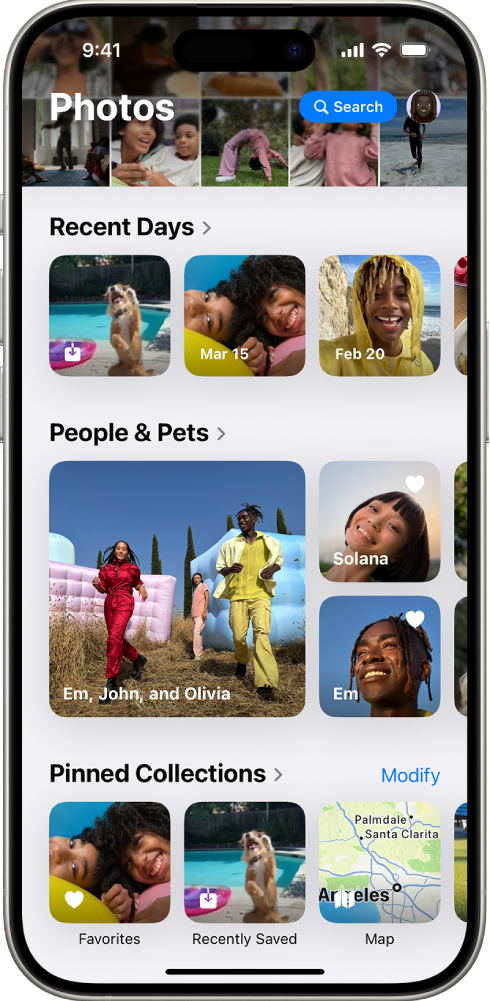 Apple Photos iOS 18 — People & Pets and Pinned Collections. © Apple Inc. Used for educational illustration under fair use.