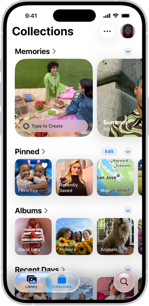 Apple Photos iOS 26 — Collections view with Liquid Glass. © Apple Inc. Used for educational illustration under fair use.