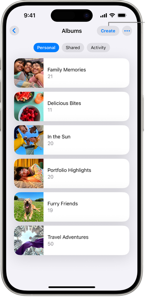 Apple Photos iOS 18 — Albums nested in a child view. © Apple Inc. Used for educational illustration under fair use.