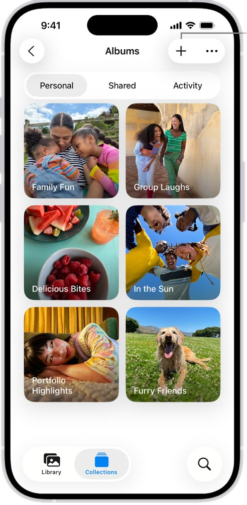 Apple Photos iOS 18 — Albums grid with overlay text. © Apple Inc. Used for educational illustration under fair use.