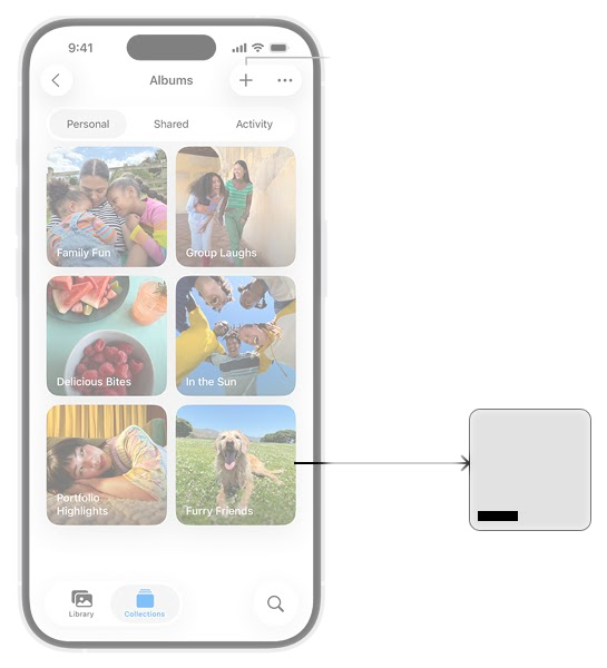 Album cards — Apple Photos iOS 26. Overlay by Parla Music. © Apple Inc. Used for educational illustration under fair use.