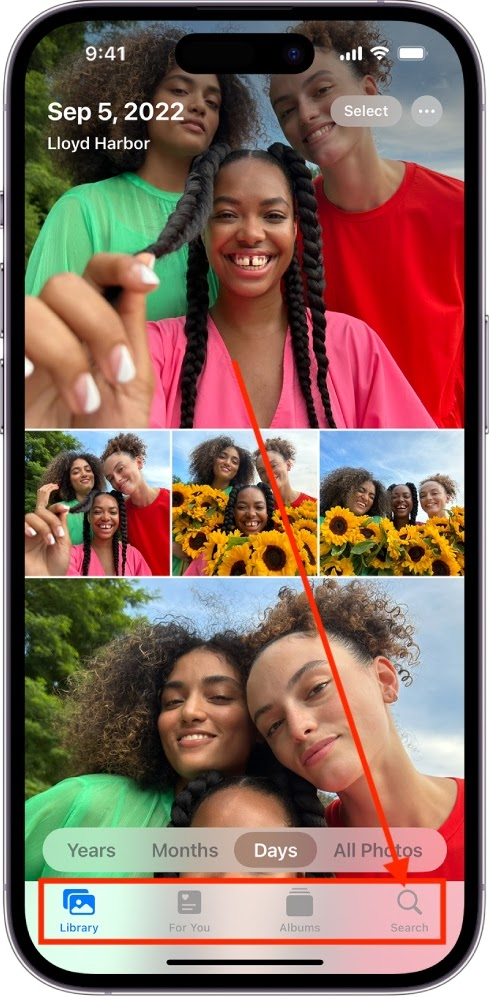 Search tab — Apple Photos iOS 17. Always visible, one tap away. © Apple Inc. Used for educational illustration under fair use.