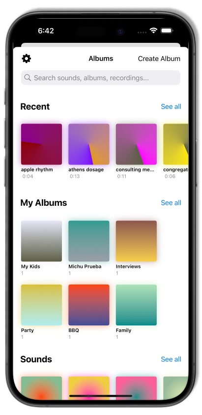 Sound Library — Collections: Recents, My Albums, and Sounds