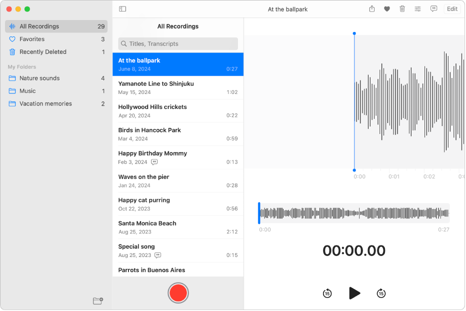 Voice Memos on macOS — Editing, All Recordings, and Recording views. © Apple Inc. Used for educational illustration under fair use.
